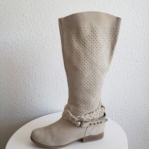 Naughty Monkey Womens Tan Perforated Suede Full Zipper Knee High Boots